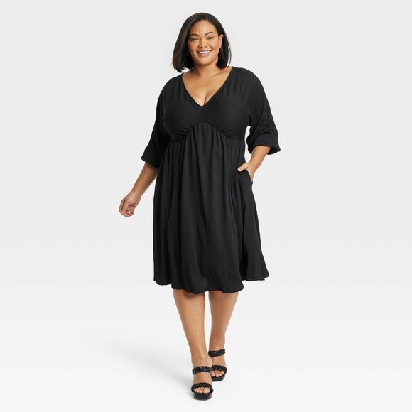 2X - Womens Dolman 3/4 Sleeve Knit Empire Waist Dress - Ava Viv - Black - Picture 1 of 6